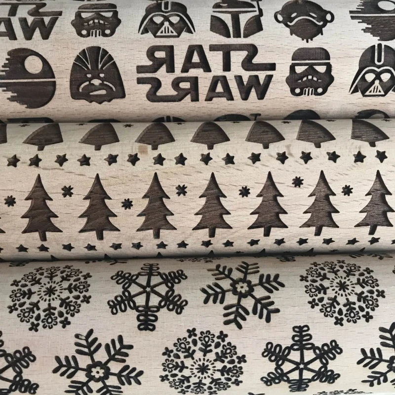 Christmas Cookie Embossing Rolling Pin, Wood Engraved