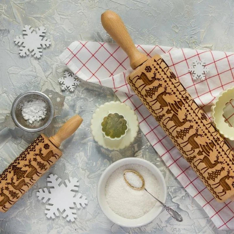 Christmas Cookie Embossing Rolling Pin, Wood Engraved