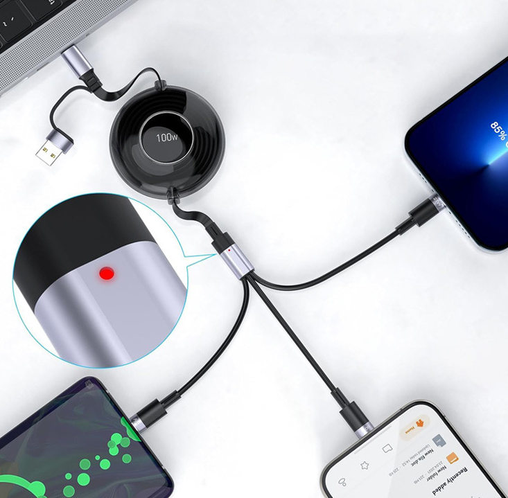 Retractable 100W USB-C Charging Cable with Multiple Tips