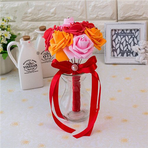 Artificial Wedding Bouquet With Crystal Rose Centers