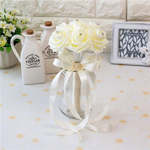 Artificial Wedding Bouquet With Crystal Rose Centers