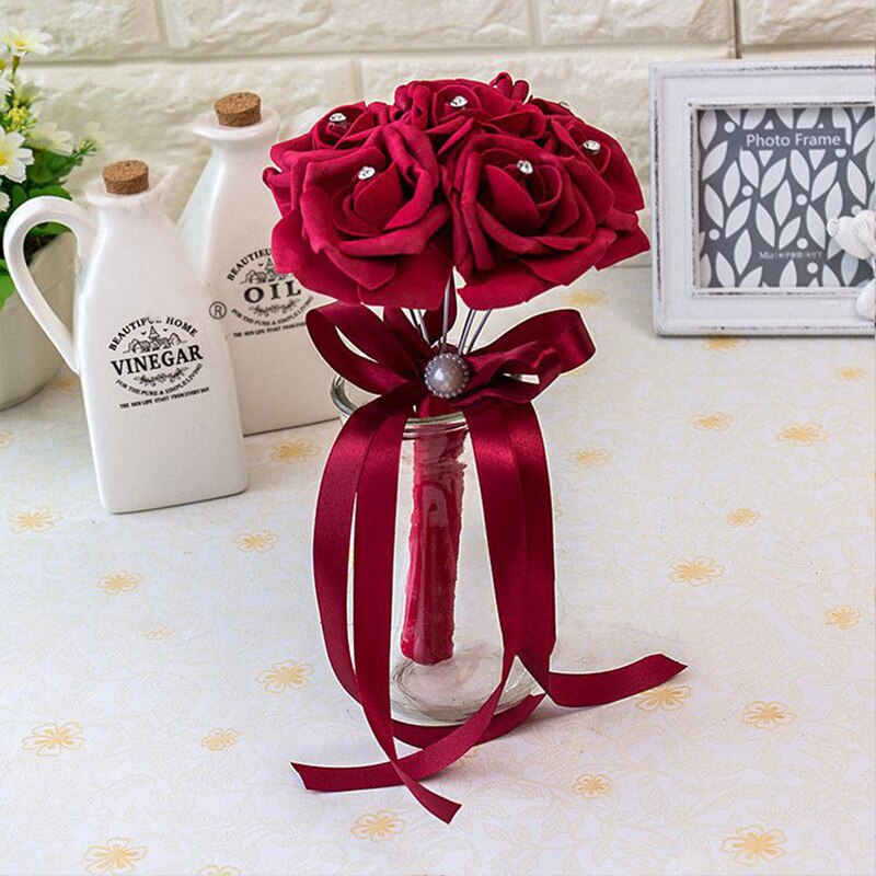 Artificial Wedding Bouquet With Crystal Rose Centers