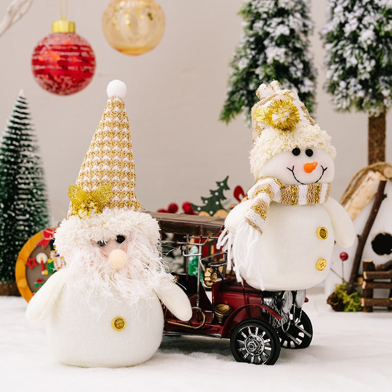 Plush Snowman & Gnome Christmas Doll Set, White Gold