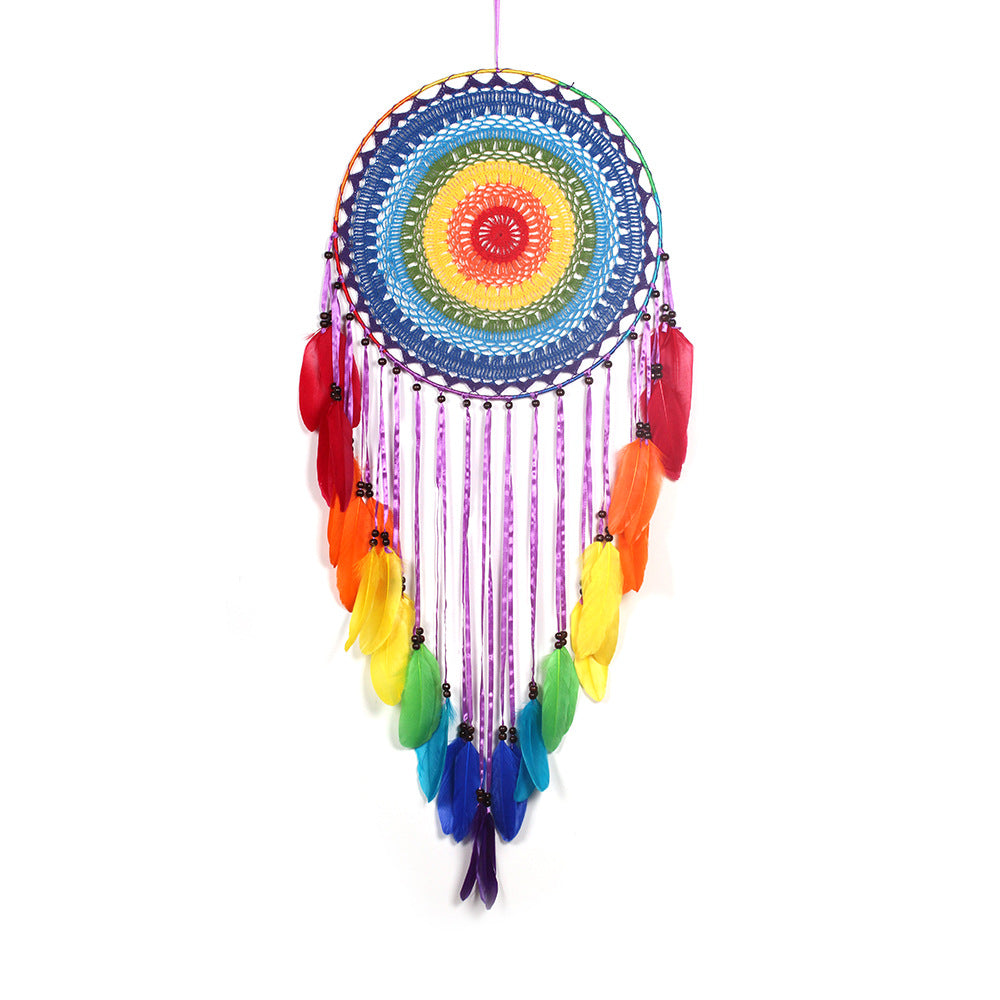 Rainbow Feather Dream Catcher Wall Decor, 40cm Circle