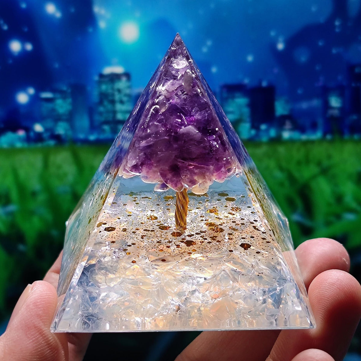 Crystal Resin Pyramid Ornament With Gemstone Sparkle