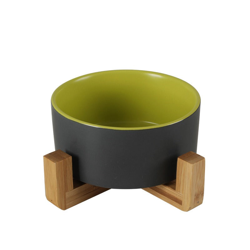 Ceramic Cat Bowl With Stable Raised Wooden Frame for Pets