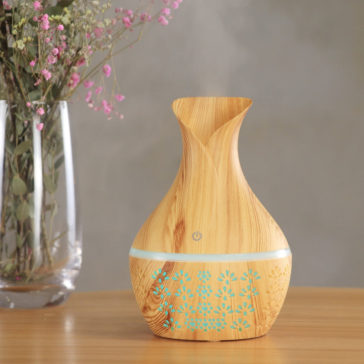 Wood-Grain Vase Humidifier for Bedroom with LED Glow