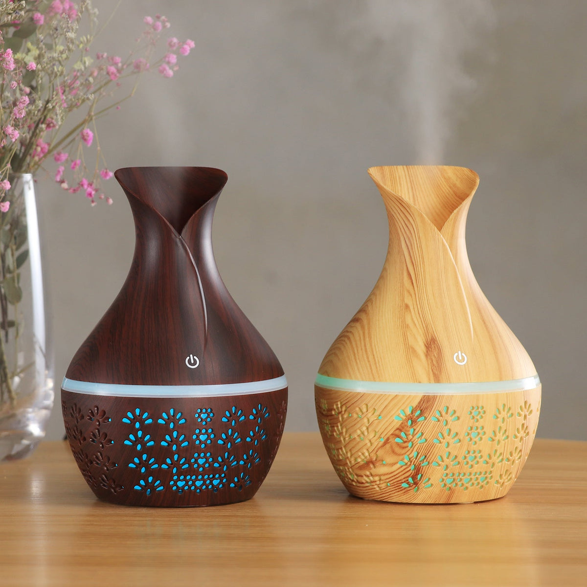 Wood-Grain Vase Humidifier for Bedroom with LED Glow