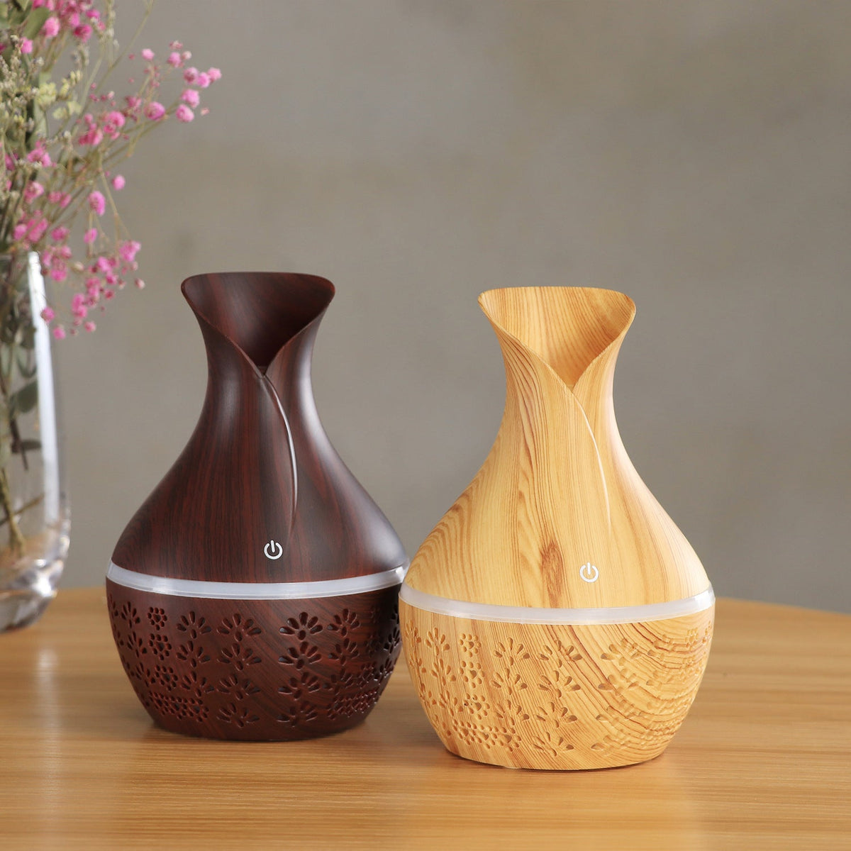 Wood-Grain Vase Humidifier for Bedroom with LED Glow