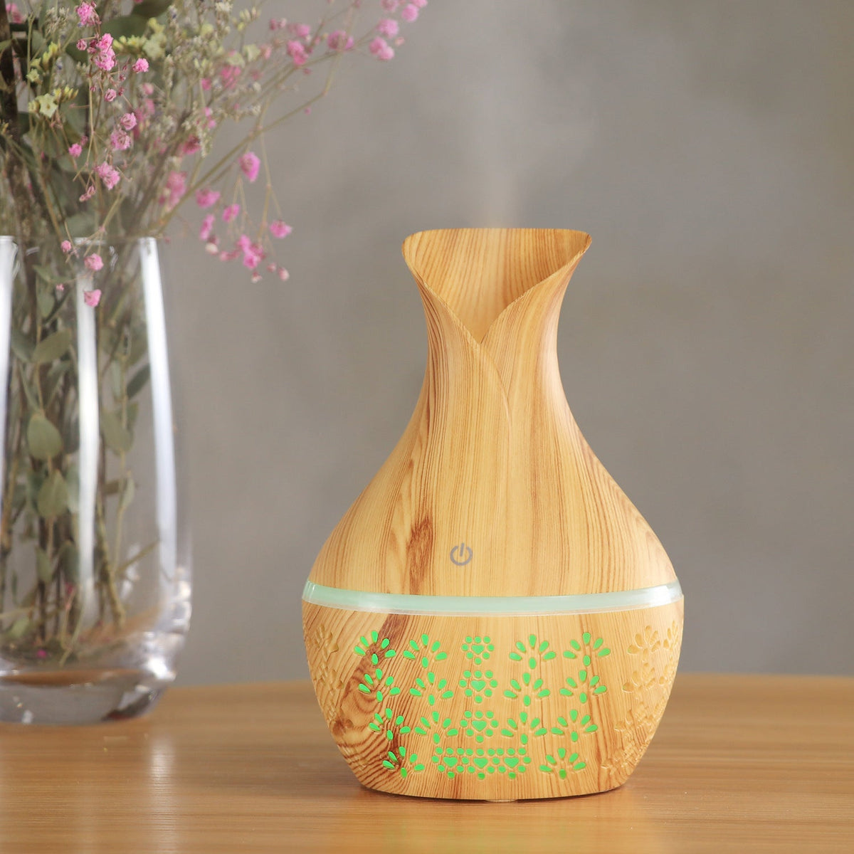 Wood-Grain Vase Humidifier for Bedroom with LED Glow