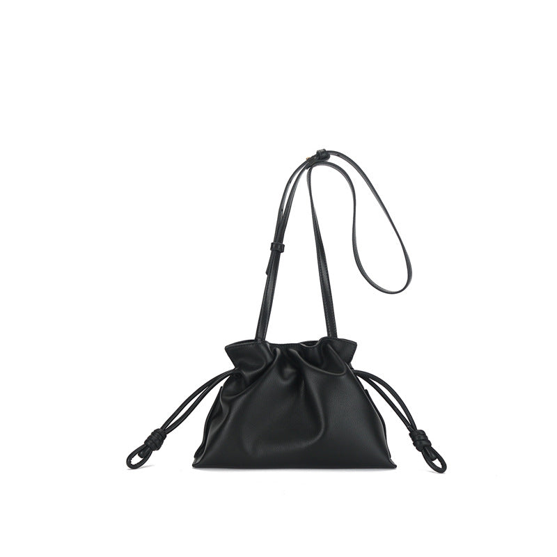 Small Leather Bucket Bag with Drawstring Crossbody Strap