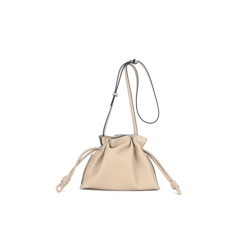 Small Leather Bucket Bag with Drawstring Crossbody Strap