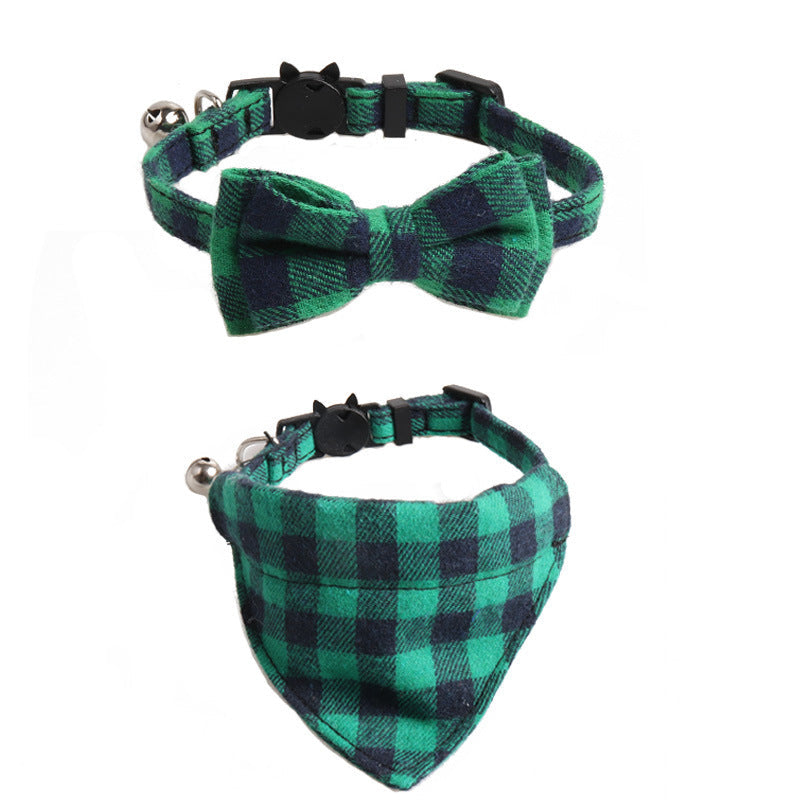 Plaid Cat Collar Set With Bow Tie & Triangle Scarf