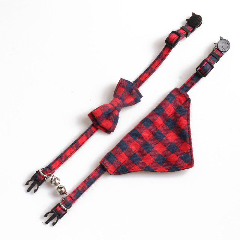 Plaid Cat Collar Set With Bow Tie & Triangle Scarf