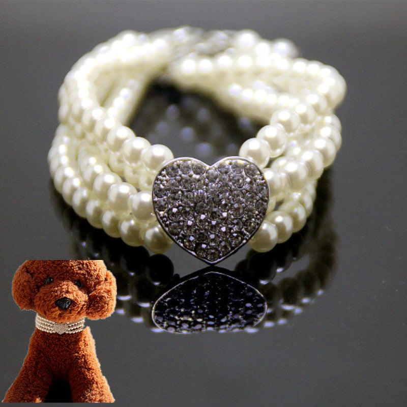 Pearl Necklace Dog Collar with Rhinestone Heart Charm