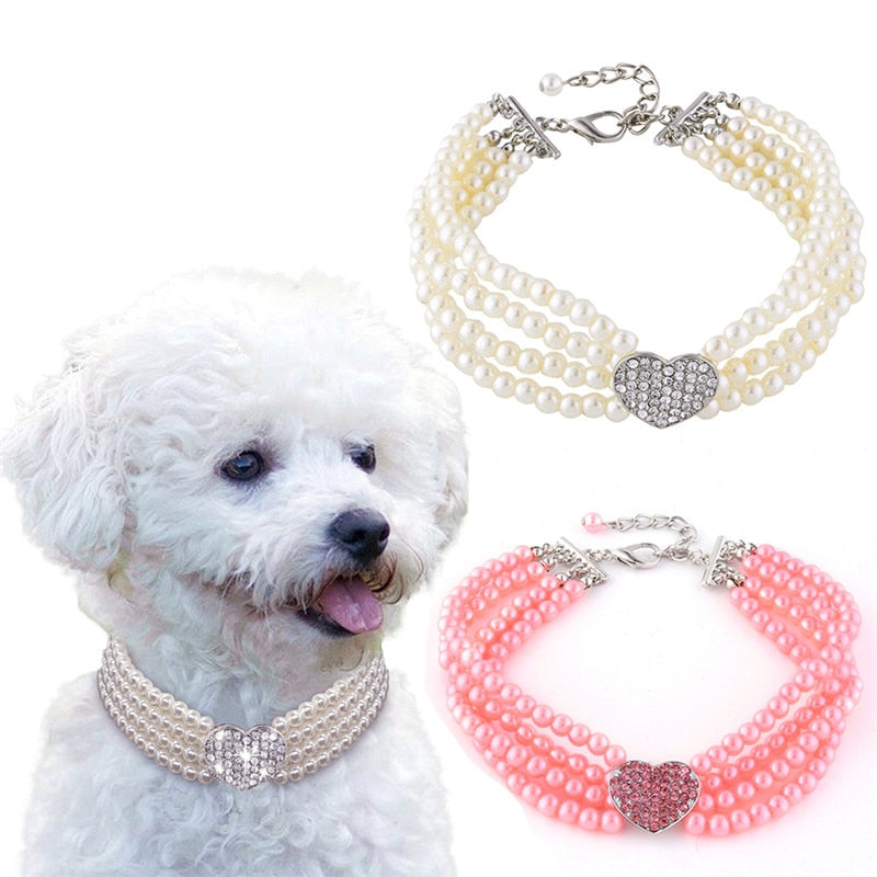 Pearl Necklace Dog Collar with Rhinestone Heart Charm