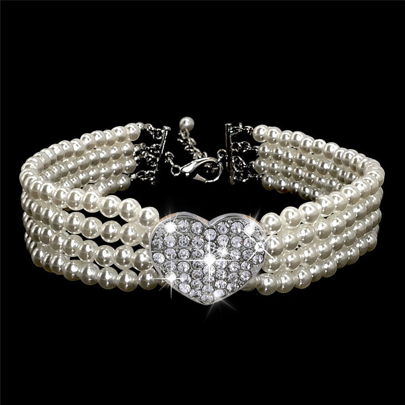 Pearl Necklace Dog Collar with Rhinestone Heart Charm