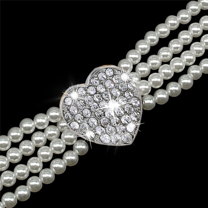 Pearl Necklace Dog Collar with Rhinestone Heart Charm
