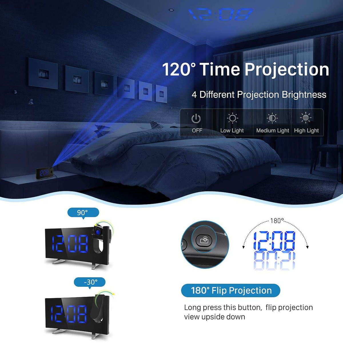 Projection Alarm Clock with Dual Alarms & USB Charge