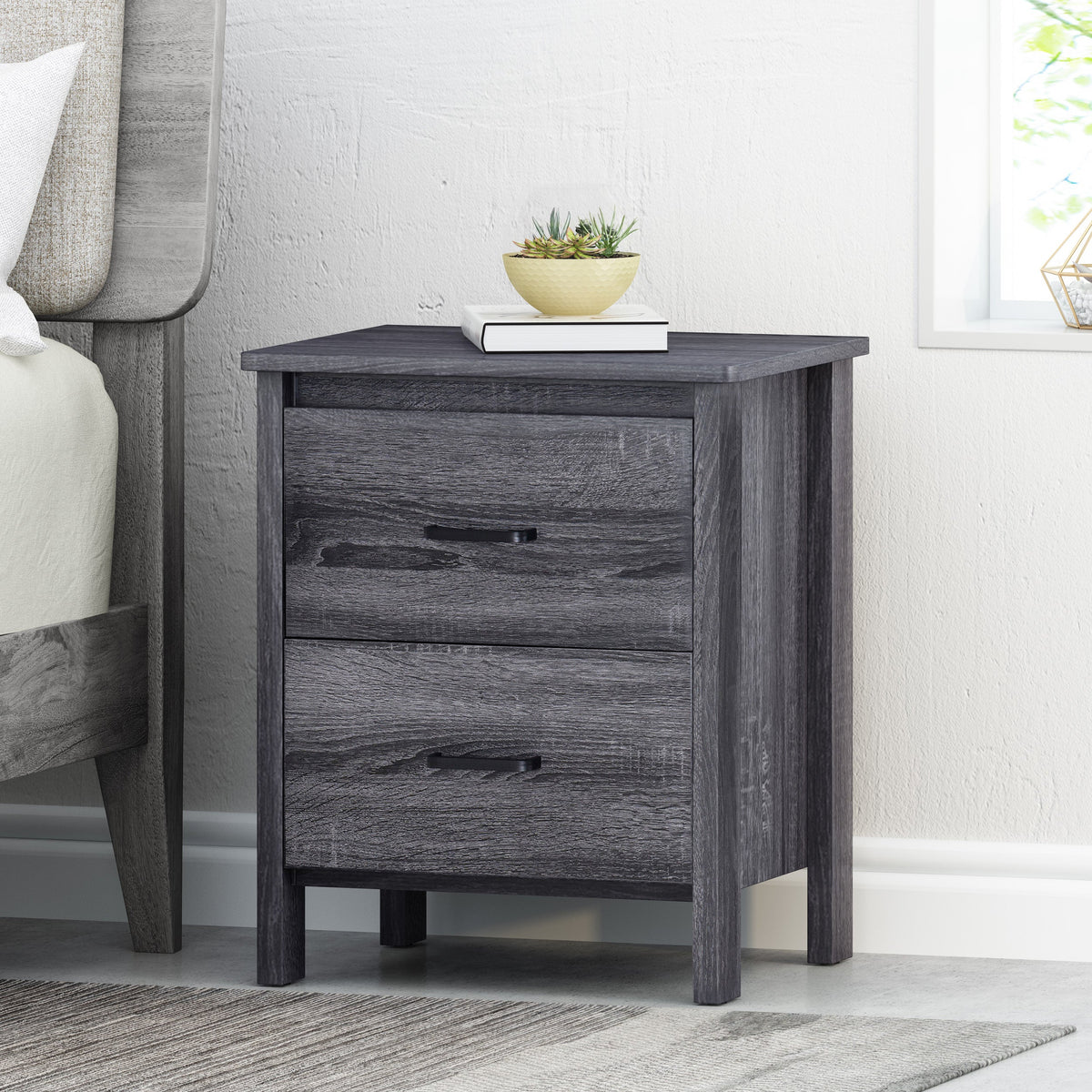 Grey Oak Nightstand with Drawers for Small Bedrooms