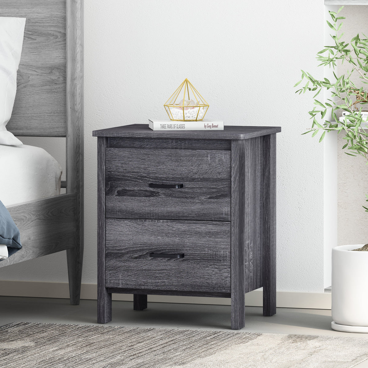 Grey Oak Nightstand with Drawers for Small Bedrooms