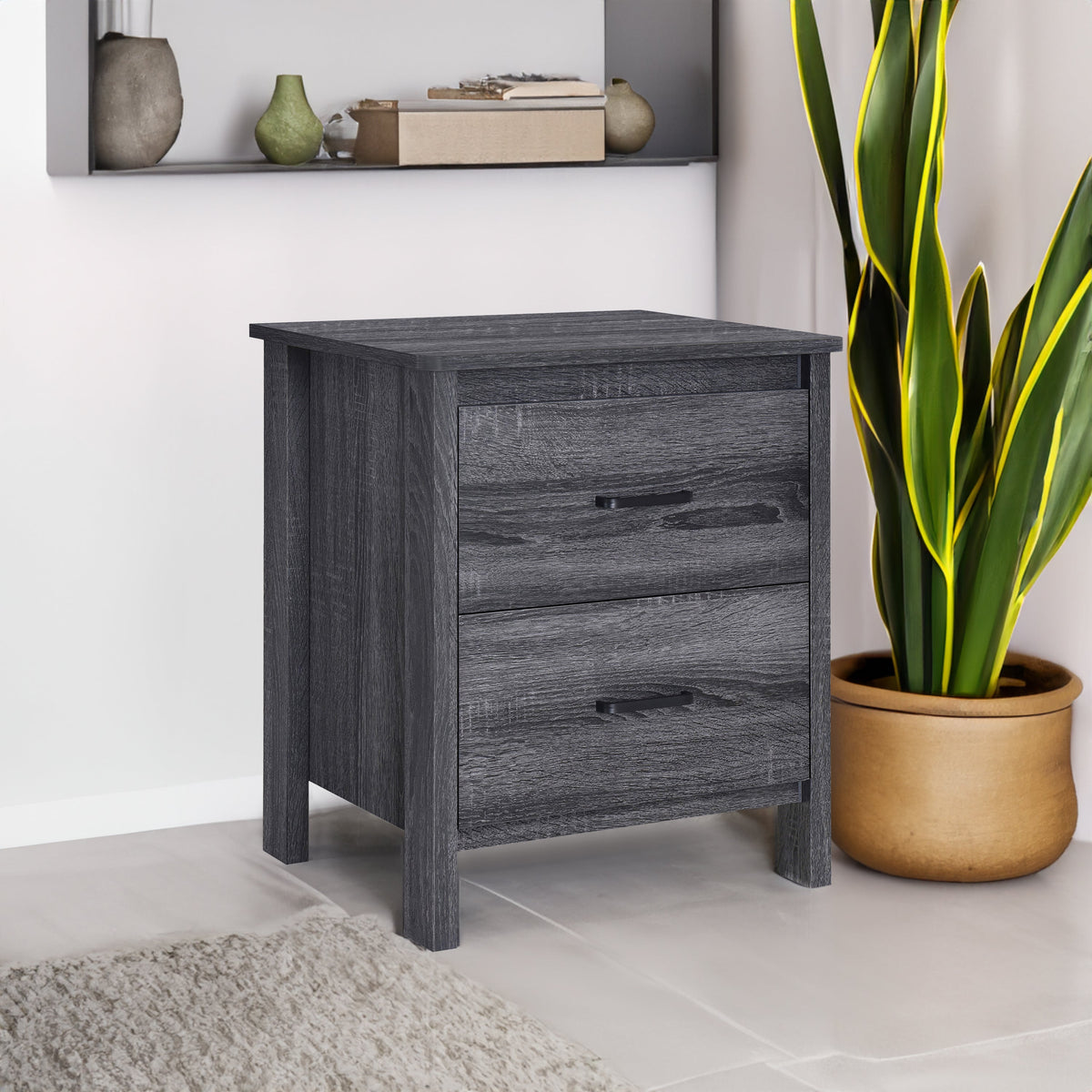 Grey Oak Nightstand with Drawers for Small Bedrooms