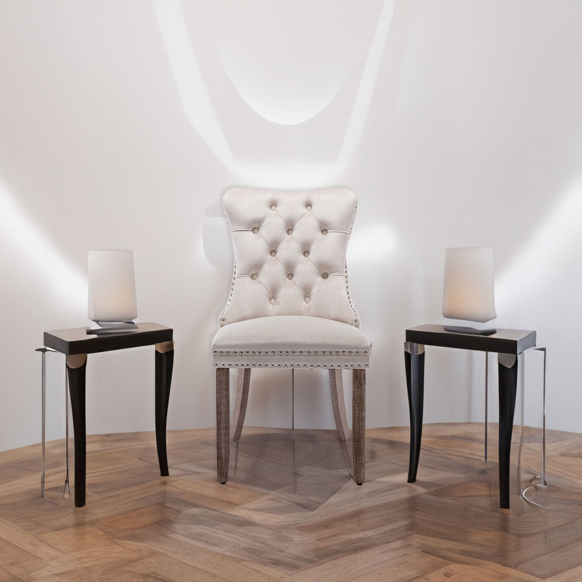Tufted Velvet Dining Chairs Set of 2 with Solid Wood Legs
