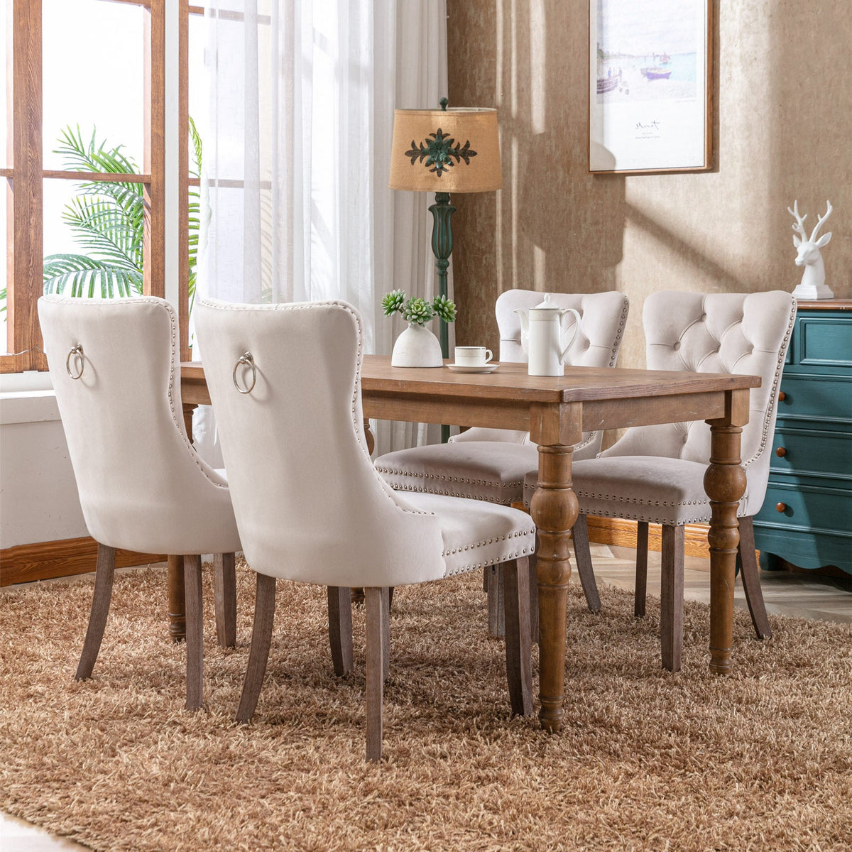 Tufted Velvet Dining Chairs Set of 2 with Solid Wood Legs