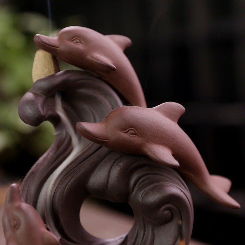 Dolphin Backflow Incense Burner Ceramic Waterfall Decor