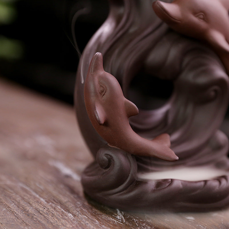 Dolphin Backflow Incense Burner Ceramic Waterfall Decor