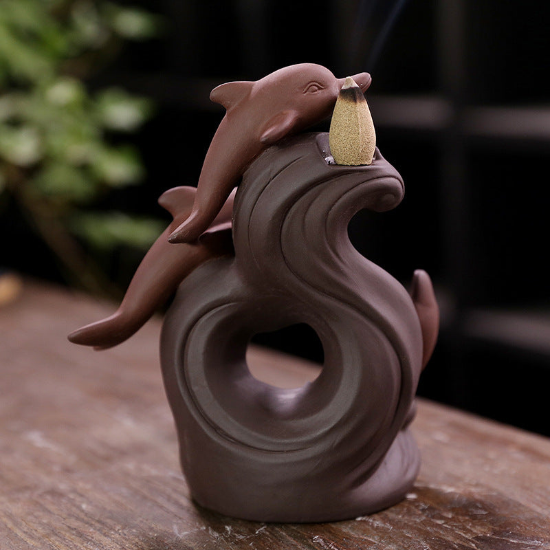 Dolphin Backflow Incense Burner Ceramic Waterfall Decor