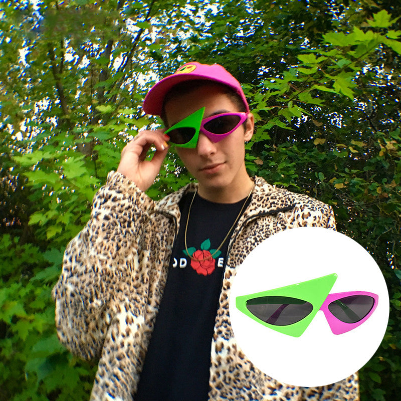 Novelty Green Pink Asymmetric Statement Sunglasses