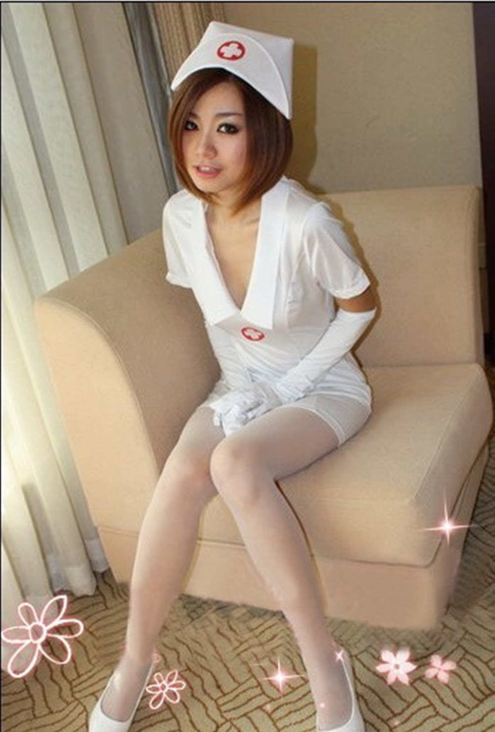 Nurse Cosplay Costume Dress Set With Cap And Gloves