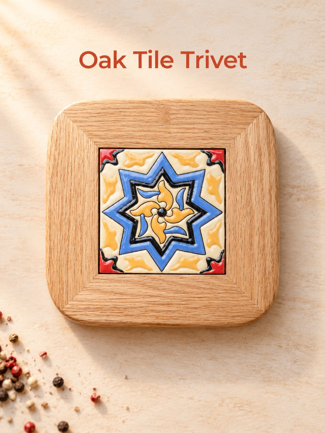 Oak Trivet with Mediterranean Tile for Hot Dishes