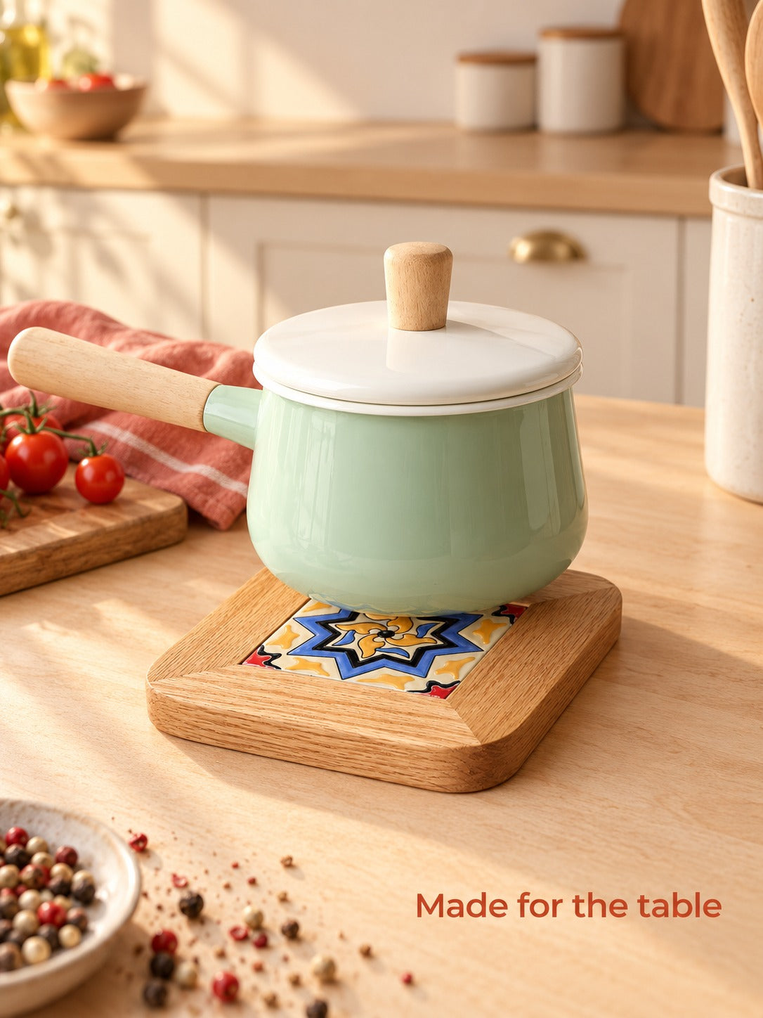 Oak Trivet with Mediterranean Tile for Hot Dishes