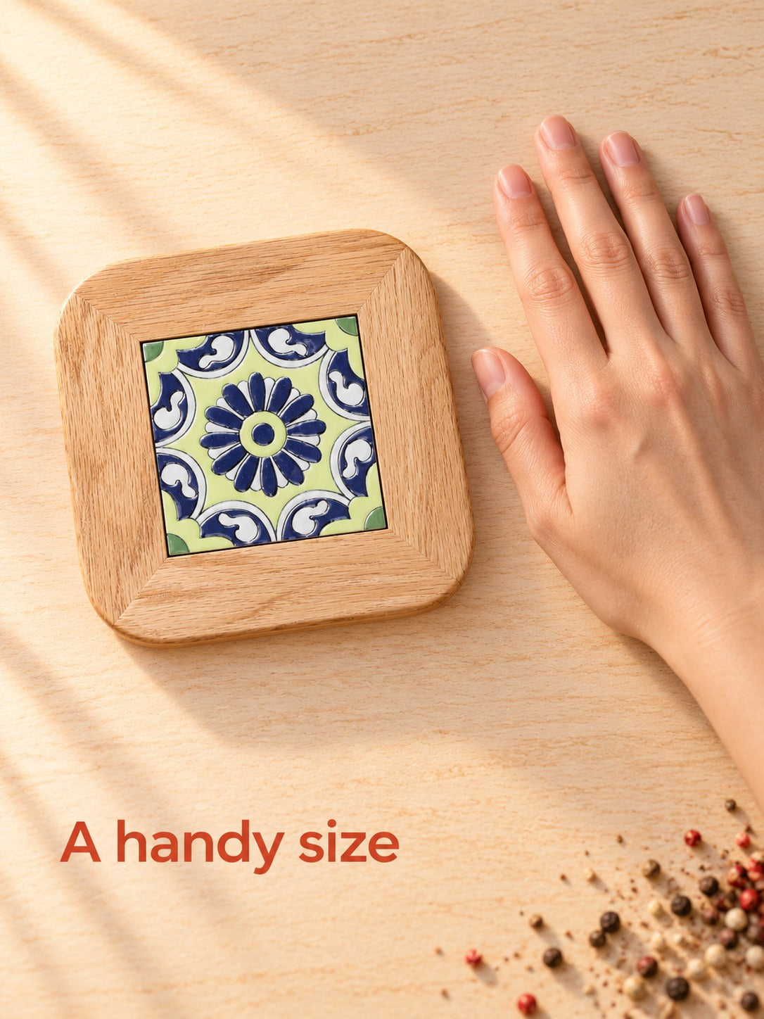 Oak Trivet with Mediterranean Tile for Hot Dishes