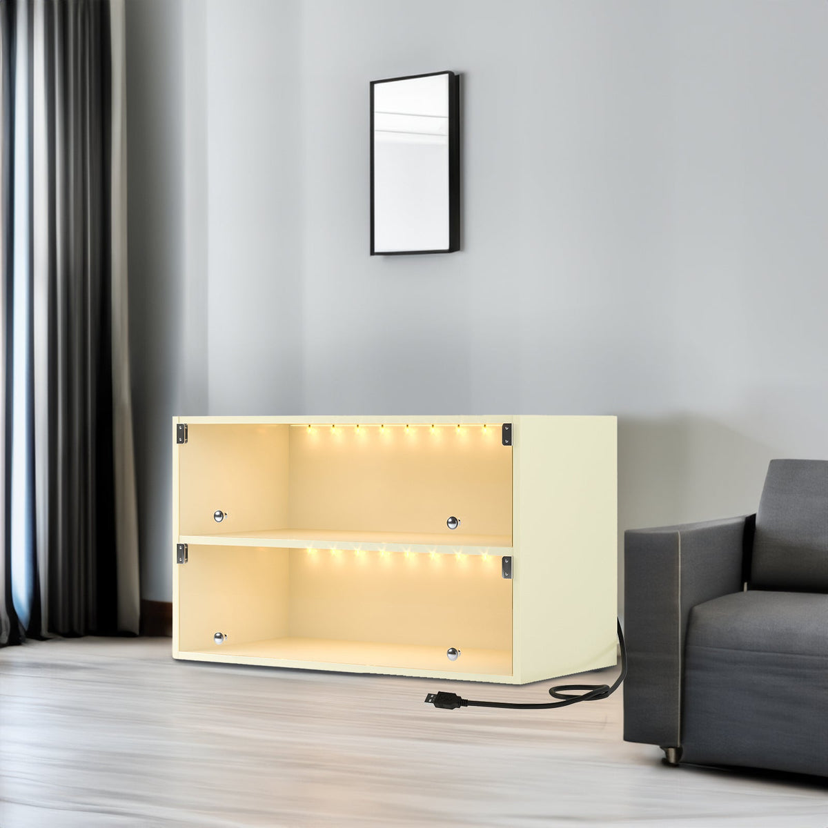 Off White Glass Door Sneaker Cabinet With LED Light