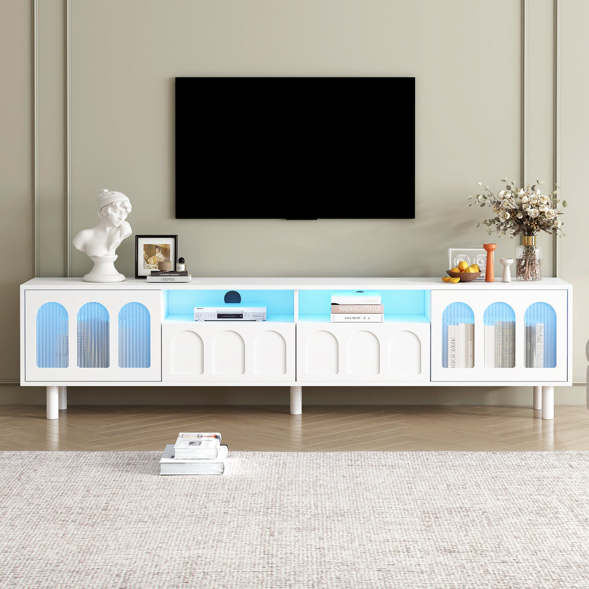 Cream 80 Inch TV Stand with LED Lights & Cable Holes