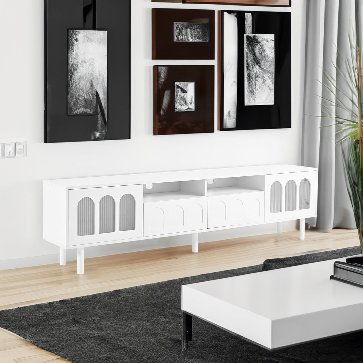 Cream 80 Inch TV Stand with LED Lights & Cable Holes