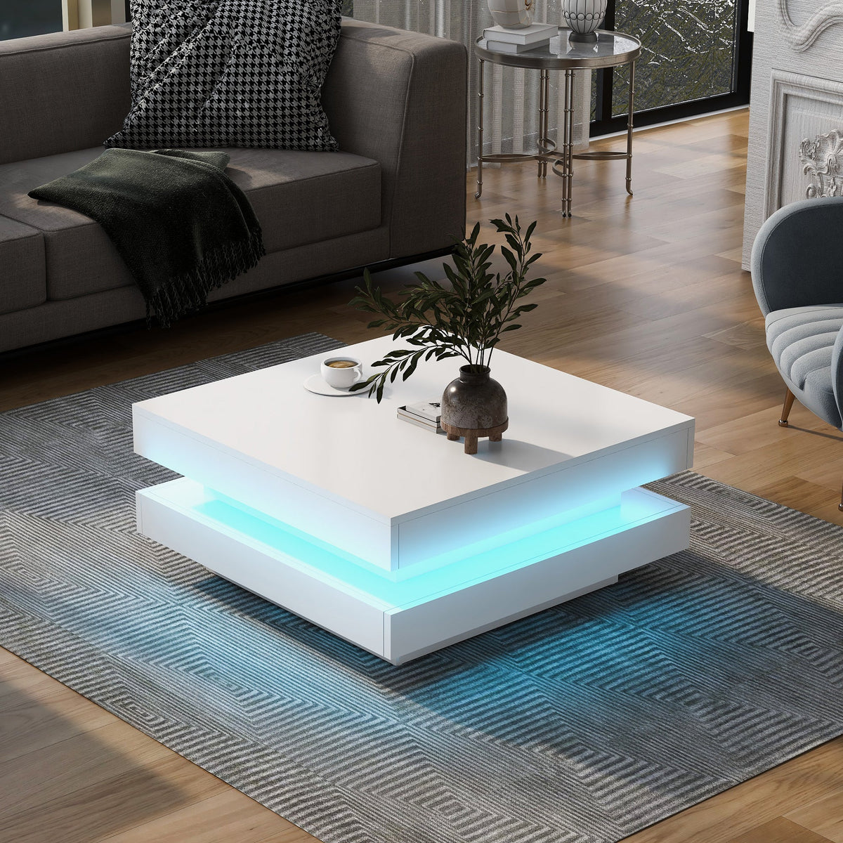 Glossy White 2-Tier Coffee Table with Color LED Lights