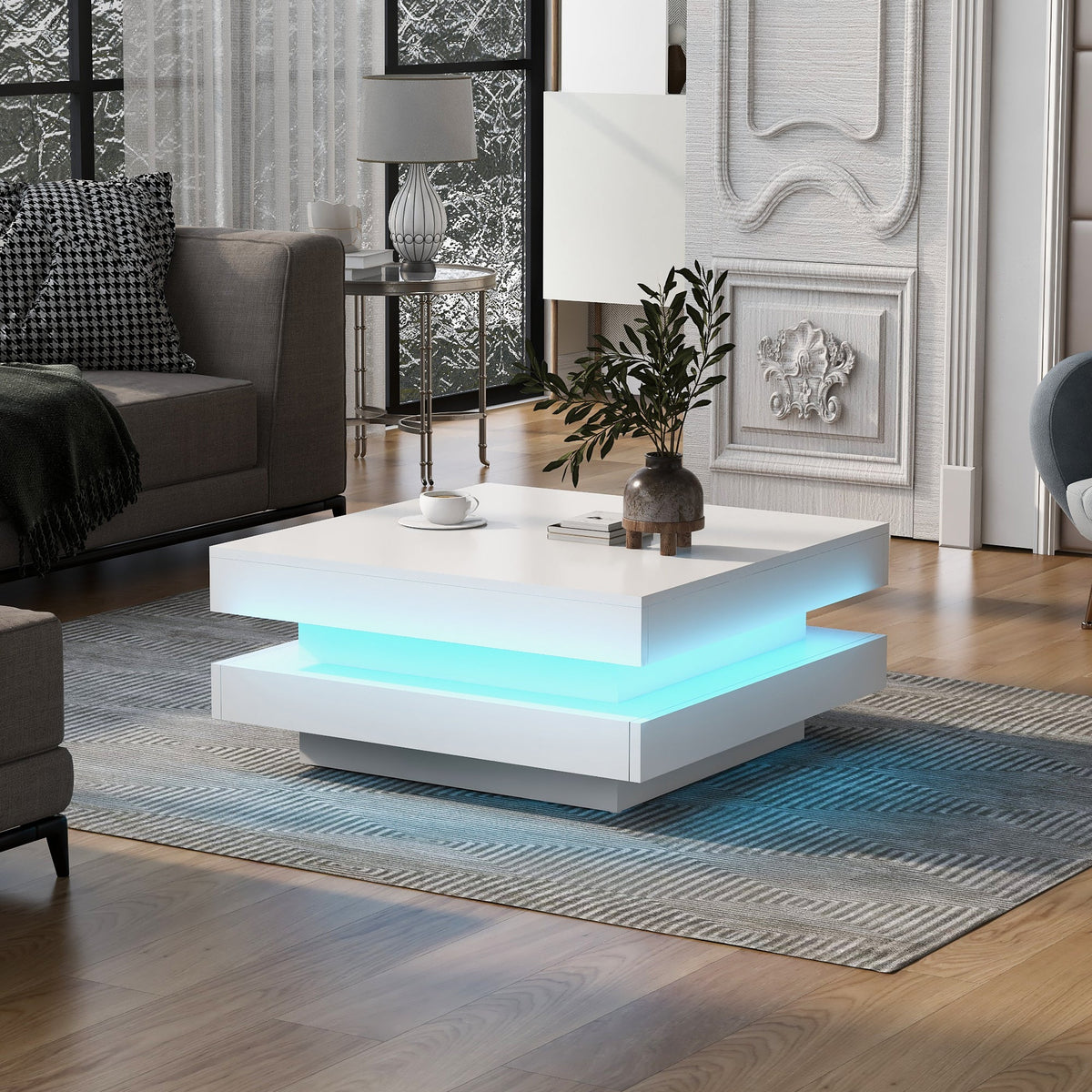 Glossy White 2-Tier Coffee Table with Color LED Lights