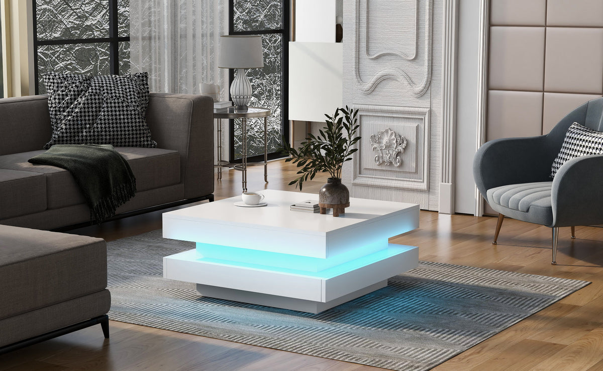 Glossy White 2-Tier Coffee Table with Color LED Lights