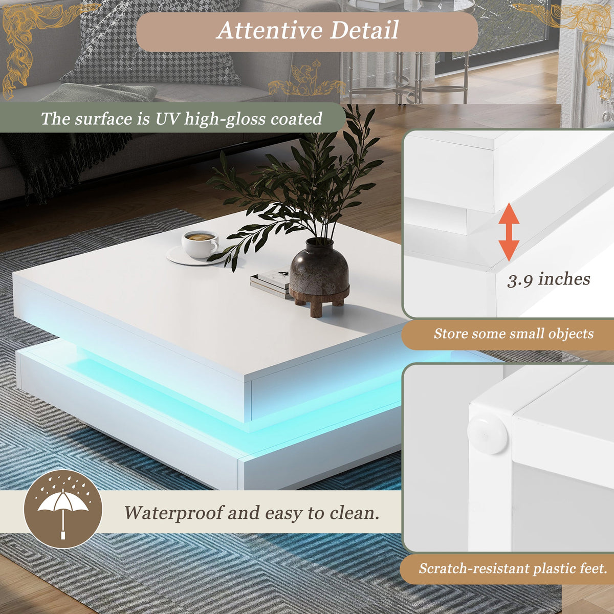Glossy White 2-Tier Coffee Table with Color LED Lights