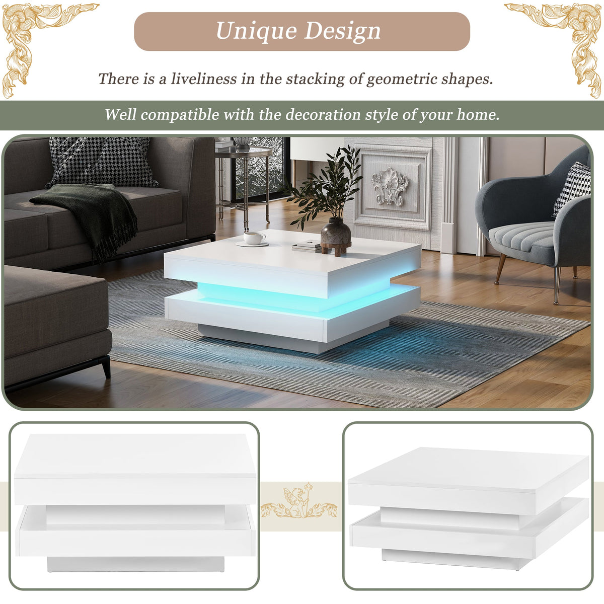 Glossy White 2-Tier Coffee Table with Color LED Lights