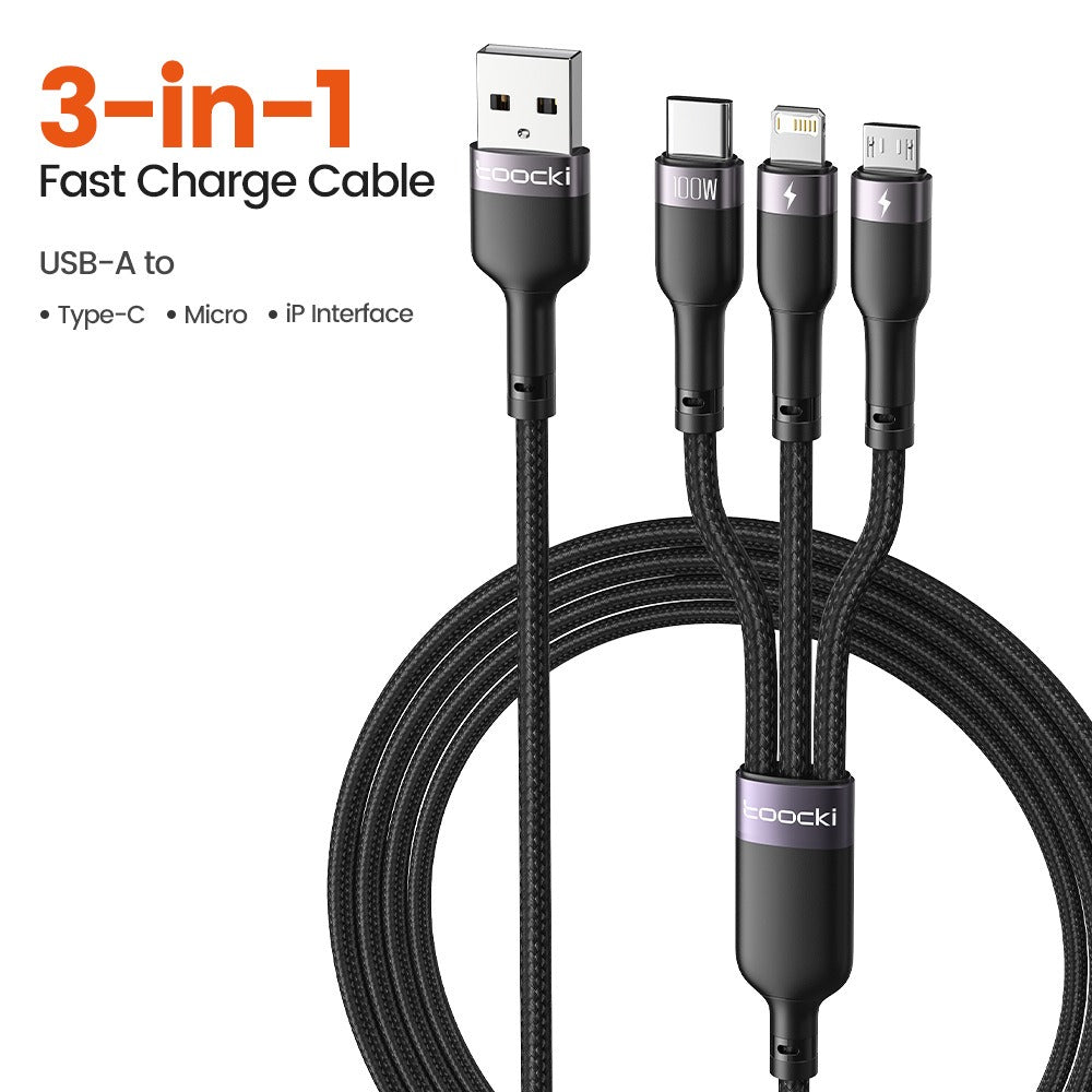 3-in-1 Braided Charging Cable 100W for iPhone, USB-C, Micro