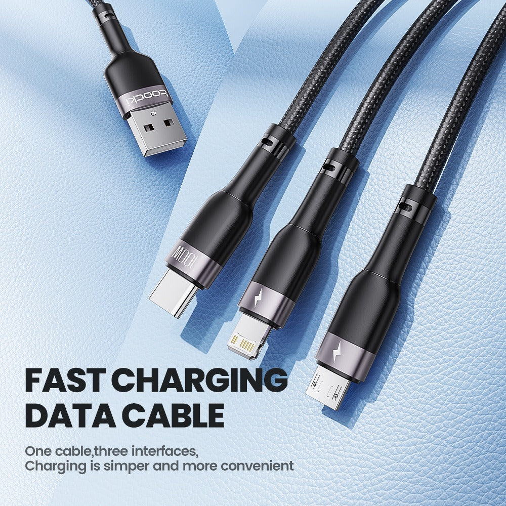 3-in-1 Braided Charging Cable 100W for iPhone, USB-C, Micro