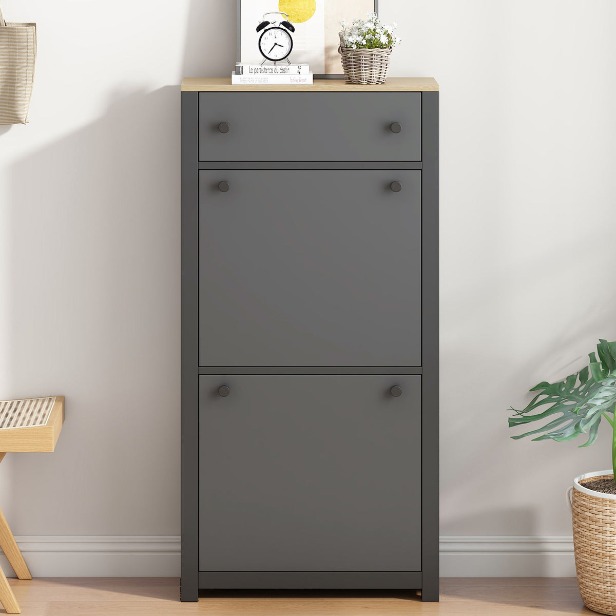 Entryway Shoe Cabinet with Flip-Down Doors, Gray