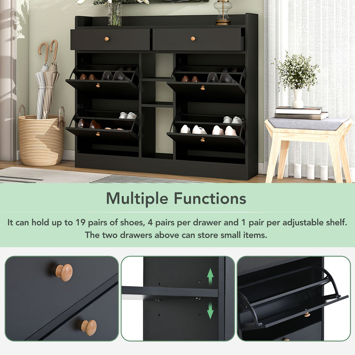 Black Shoe Cabinet with Hidden Flip-Down Shoe Storage