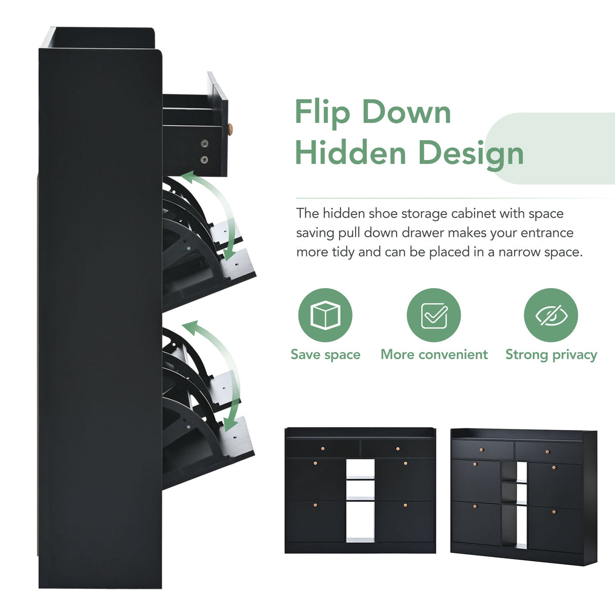 Black Shoe Cabinet with Hidden Flip-Down Shoe Storage