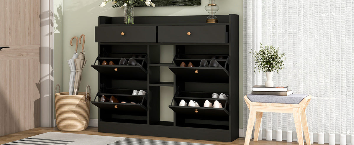 Black Shoe Cabinet with Hidden Flip-Down Shoe Storage